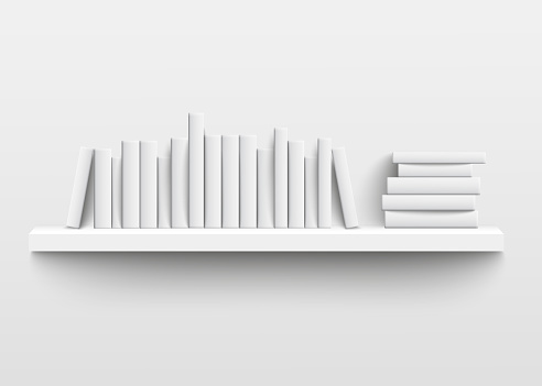 White book shelf mockup on the wall, 3d realistic design of minimalist bookshelf with blank hard cover books on a row and stacked with empty spine templates, isolated vector illustration