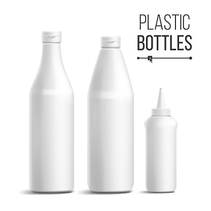 White Bottle Set Vector. 3D Realistic Blank. Plastic White Clean Tomato, Sauce, Mayonnaise Bottles. Mock Up Good For Branding Design. Isolated On White Background Illustration