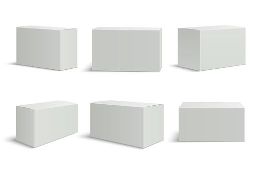 White boxes templates. Blank medical box 3d isolated paper packaging. Rectangle carton package vector mockup