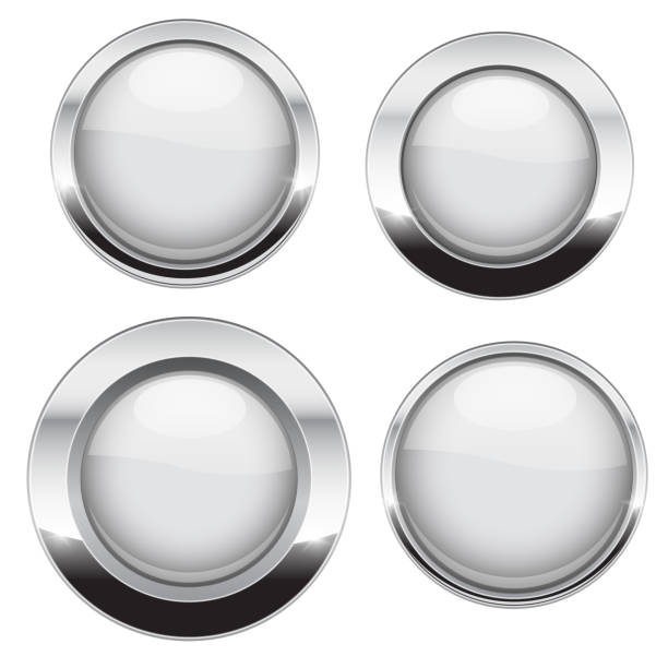 White buttons with chrome frame. Round glass shiny 3d icons White buttons with chrome frame. Round glass shiny 3d icons. Vector illustration isolated on white background metal borders stock illustrations