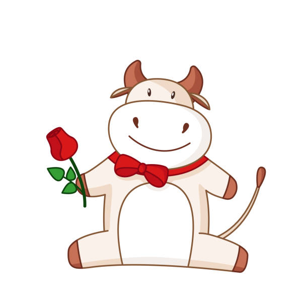 White cartoon ox, bull or cow White cartoon ox, bull or cow kawaii character with red rose flower and tie bow, isolated on white for calendar, poster, greeting card, 2021 symbol, cute farm animal - vector illustration printable cow stock illustrations