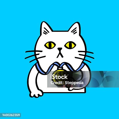 istock White cat with a gold medal 1400262359