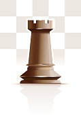 White chess figure rook on a background of chessboard cells. Ivory white rook. White Tower. Realistic vector illustration