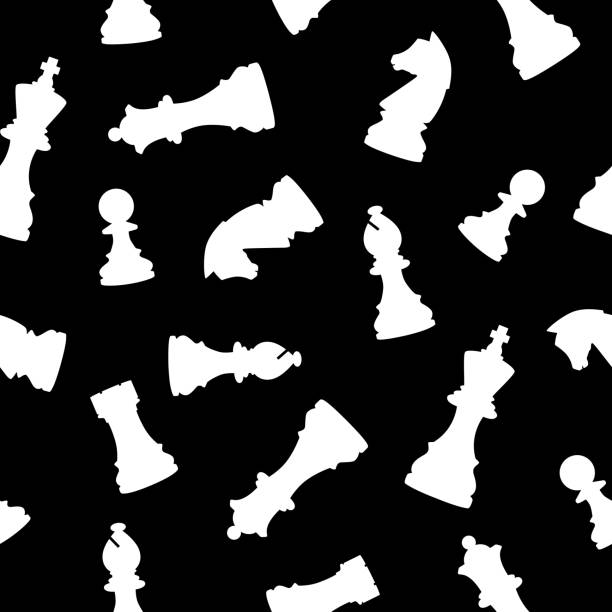 White Chess Pieces Seamless Pattern Vector seamless pattern of white chrss pieces on a black background. chess patterns stock illustrations