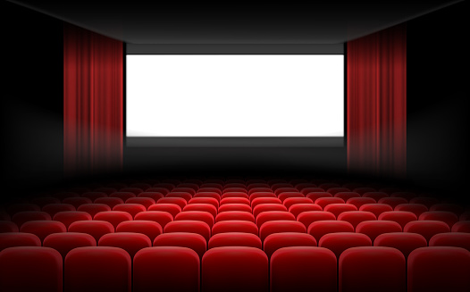 White cinema theatre screen with red curtains and chairs