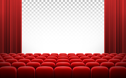 White cinema theatre screen with red curtains and chairs