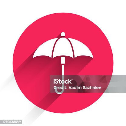 istock White Classic elegant opened umbrella icon isolated with long shadow. Rain protection symbol. Red circle button. Vector Illustration 1270638549