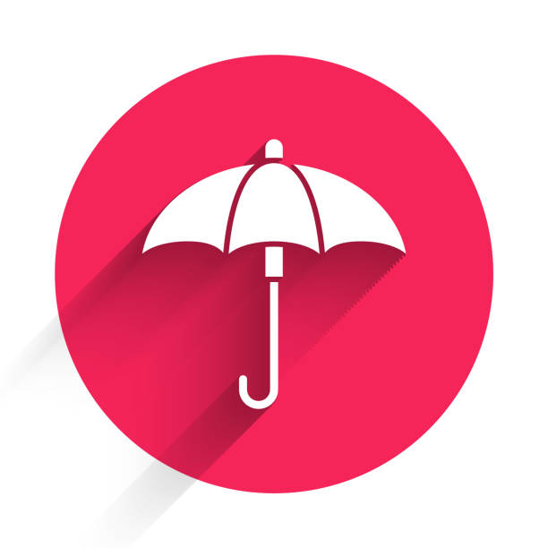 White Classic elegant opened umbrella icon isolated with long shadow. Rain protection symbol. Red circle button. Vector Illustration White Classic elegant opened umbrella icon isolated with long shadow. Rain protection symbol. Red circle button. Vector Illustration umbrella stock illustrations