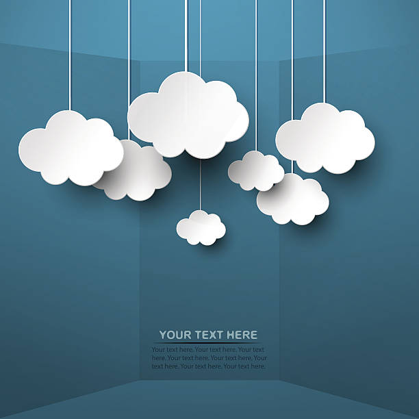 White clouds hand from strings on blue background vector art illustration