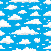 White Clouds Seamless Pattern isolated on Blue Sky - Cartoon Vector Set