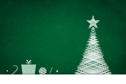 A white coloured triangle shaped crisscross pattern Christmas tree over a dark green color xmas backgrounds with a star at the top and candy cane baubles and one present lined up at the bottom