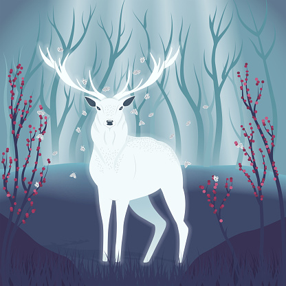 White deer in a forest. Colorful illustration portrait of beautiful wild stag in nature. Hand drawn wild animal. Vector.