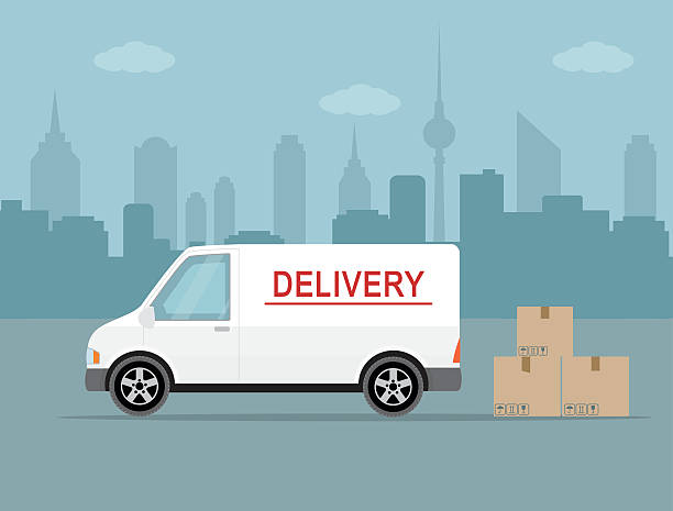 White delivery van on city background. White delivery van with shadow and cardboard boxes on city background. Product goods shipping transport. Fast service truck  truck clipart stock illustrations
