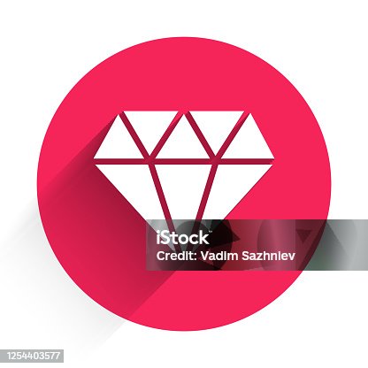 istock White Diamond icon isolated with long shadow. Jewelry symbol. Gem stone. Red circle button. Vector Illustration 1254403577