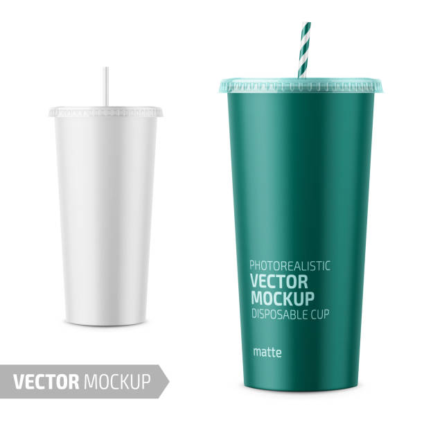White disposable paper cup with lid and straw. White paper disposable cup with lid and straw for cold beverage -soda, ice tea or coffee, cocktail, milkshake. 500 ml. Realistic packaging mockup template with sample design. Vector 3d illustration. cup stock illustrations