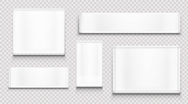 White fabric tags, cloth labels different shapes White fabric tags different shapes isolated on transparent background. Vector realistic mockup of blank cloth labels with stitches, cotton badge for textile, woven fashion sticker clothing stock illustrations
