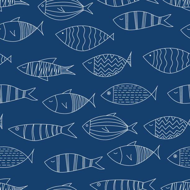 Белые рыбы на темно-синем фоне - Бесшовный шаблон