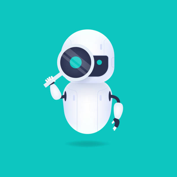 ilustrações de stock, clip art, desenhos animados e ícones de white friendly android robot looking through the magnifying glass. search conceptual. - robot
