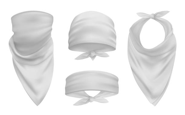 White head bandana realistic 3d accessory illustrations set White head bandana realistic 3d accessory illustrations set. Biker and cowboy clothes for protecting face isolated pack. Fashionable silk headband, bandanna design elements collection neck stock illustrations