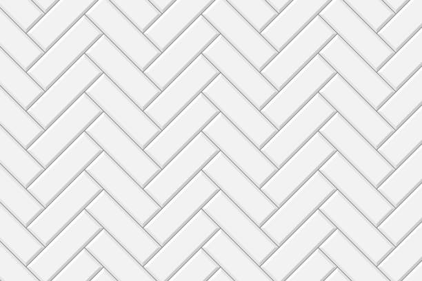 白いヘリンボーンメトロタイル壁のテクスチャ。キッチンやバスルームの装飾シームレスなパターン。石またはセラミックレンガの背景。ベクトルフラットイラスト - タイル張りの床点のイラスト素材／クリップアート素材／マンガ素材／アイコン素材