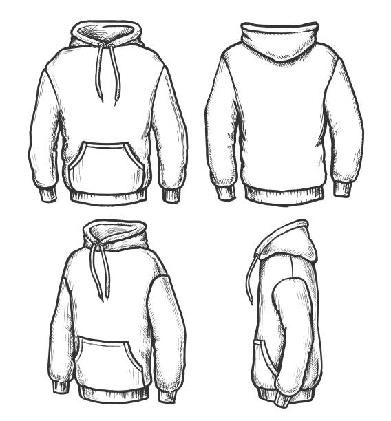 White Hoodie Doodle set White hoodie with pockets doodles set. Vector illustration. blank hoodie template drawing stock illustrations