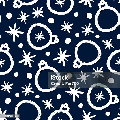 istock White ink Christmas balls and snowflakes isolated on dark blue background. Cute Christmas seamless pattern. Vector flat graphic hand drawn illustration. Texture. 1350503211