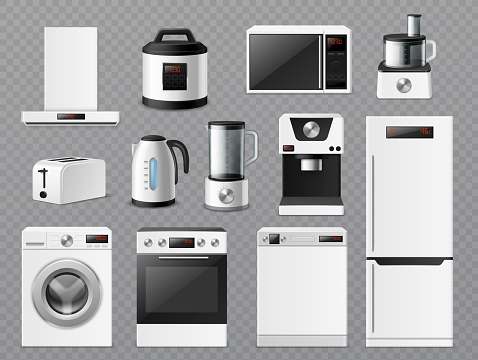 White kitchen goods. Realistic electronic household equipment, 3d consumer interior machines, refrigerator and microwave, coffee maker, multicooker and food processor vector set