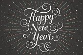 White lettering Happy New Year for greeting card on chalk board background. Vector illustration