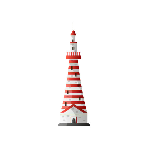 weißer leuchtturm in roten streifen in flachem design isoliert auf weißem hintergrund - turm bauwerk stock-grafiken, -clipart, -cartoons und -symbole