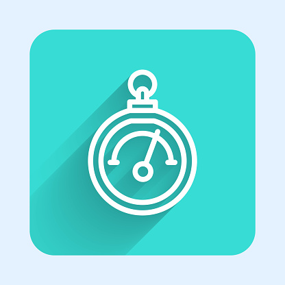 White line Barometer icon isolated with long shadow. Green square button. Vector