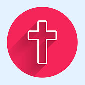 istock White line Christian cross icon isolated with long shadow. Church cross. Red circle button. Vector Illustration 1266453655