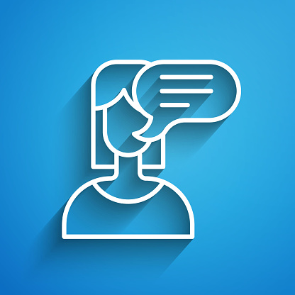 White line Female opinion icon isolated on blue background. Long shadow. Vector.