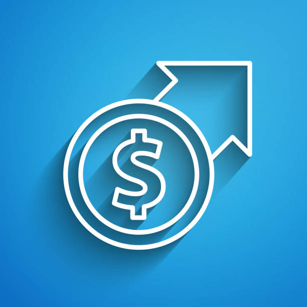 White line Financial growth and dollar coin icon isolated on blue background. Increasing revenue. Long shadow. Vector White line Financial growth and dollar coin icon isolated on blue background. Increasing revenue. Long shadow. Vector. revenue stock illustrations