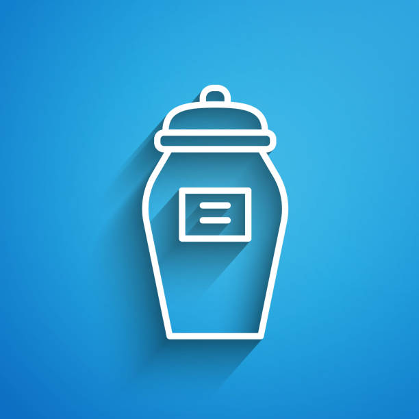 ilustrações de stock, clip art, desenhos animados e ícones de white line funeral urn icon isolated on blue background. cremation and burial containers, columbarium vases, jars and pots with ashes. long shadow. vector - covid cemiterio