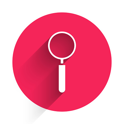 White Magnifying glass icon isolated with long shadow. Search, focus, zoom, business symbol. Red circle button. Vector Illustration