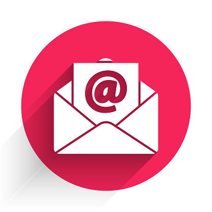 White Mail and e-mail icon isolated with long shadow. Envelope symbol e-mail. Email message sign. Red circle button. Vector Illustration