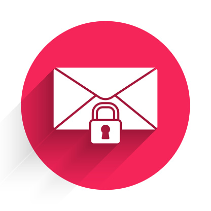 White Mail message lock password icon isolated with long shadow. Envelope with padlock. Private, security, secure, protection, privacy. Red circle button. Vector Illustration