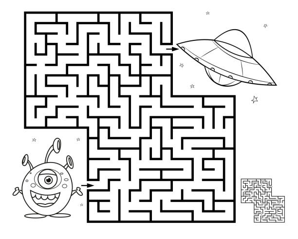 White, Maze game for children, help the alien find right path to the UFO Vector White, Maze game for children, help the alien find right path to the UFO coloring book pages templates stock illustrations