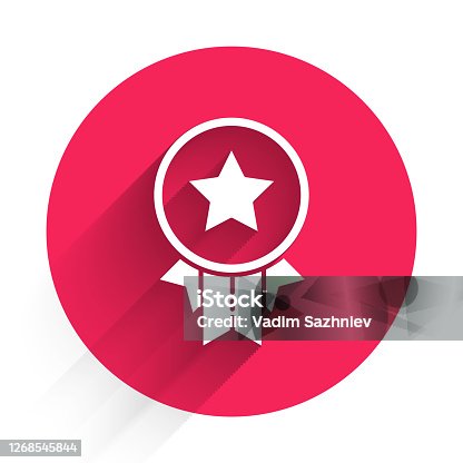 istock White Medal with star icon isolated with long shadow. Winner achievement sign. Award medal. Red circle button. Vector Illustration 1268545844