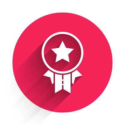 White Medal with star icon isolated with long shadow. Winner achievement sign. Award medal. Red circle button. Vector Illustration
