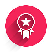 istock White Medal with star icon isolated with long shadow. Winner achievement sign. Award medal. Red circle button. Vector Illustration 1268545844