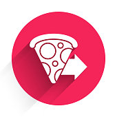 White Online ordering and fast pizza delivery icon isolated with long shadow. Red circle button. Vector Illustration