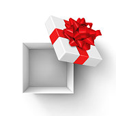 Vector illustration of an open white gift box with red bow and ribbons. Top view. Transparency multiply shadows.