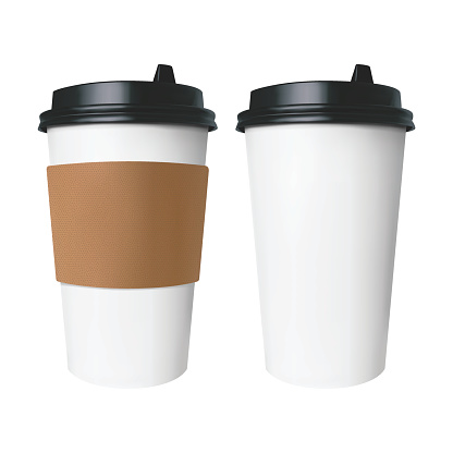 White paper Cup with a brown cover with label and without label. Isolated vector cup for hot drinks like coffee and tea.