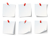 White blank draw papers, notes on red thumbtack. Top view note sticker with pins vector set