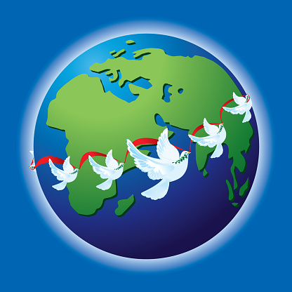 White peace doves with olive branches circling the earth