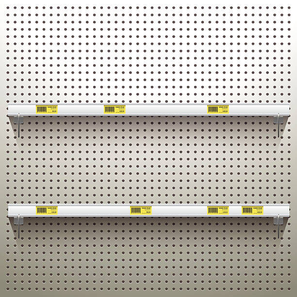 White Pegboard Background with shelves and price tags White Pegboard in workshop Background with shelves and price tags pegboard stock illustrations