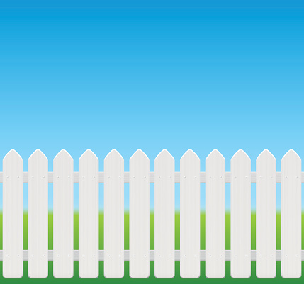 White picket fence, comic style, wooden texture - seamless expandable - isolated vector illustration on green to sky blue gradient.
