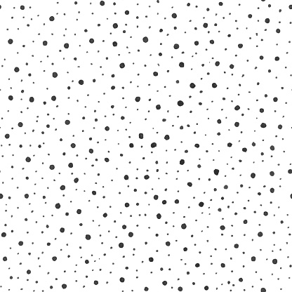 White piece of paper painted by black ink in little dots - abstract vector illustration with carelessly scattered dots of different sizes with uneven irregular edges - a spontaneously made art work with a small brush in a notebook