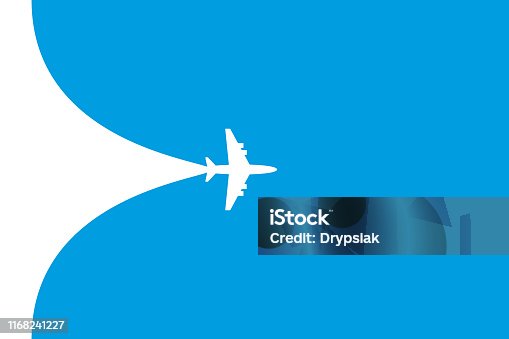 istock White plane symbol on a blue background. Airplane flight path banner 1168241227